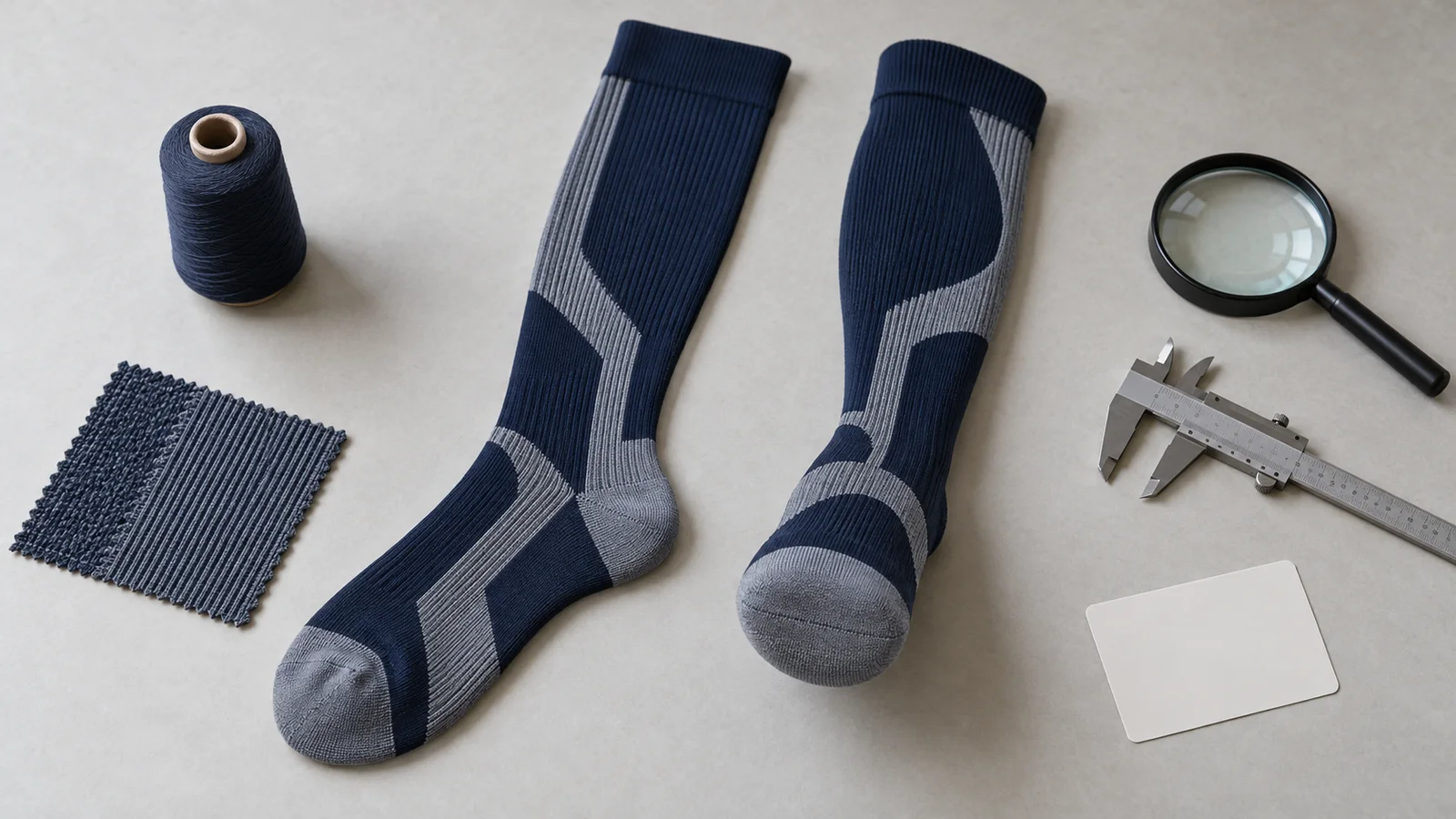 Navy compression socks with a closed low-profile toe seam, yarn, knit swatch, magnifier and caliper on a development table