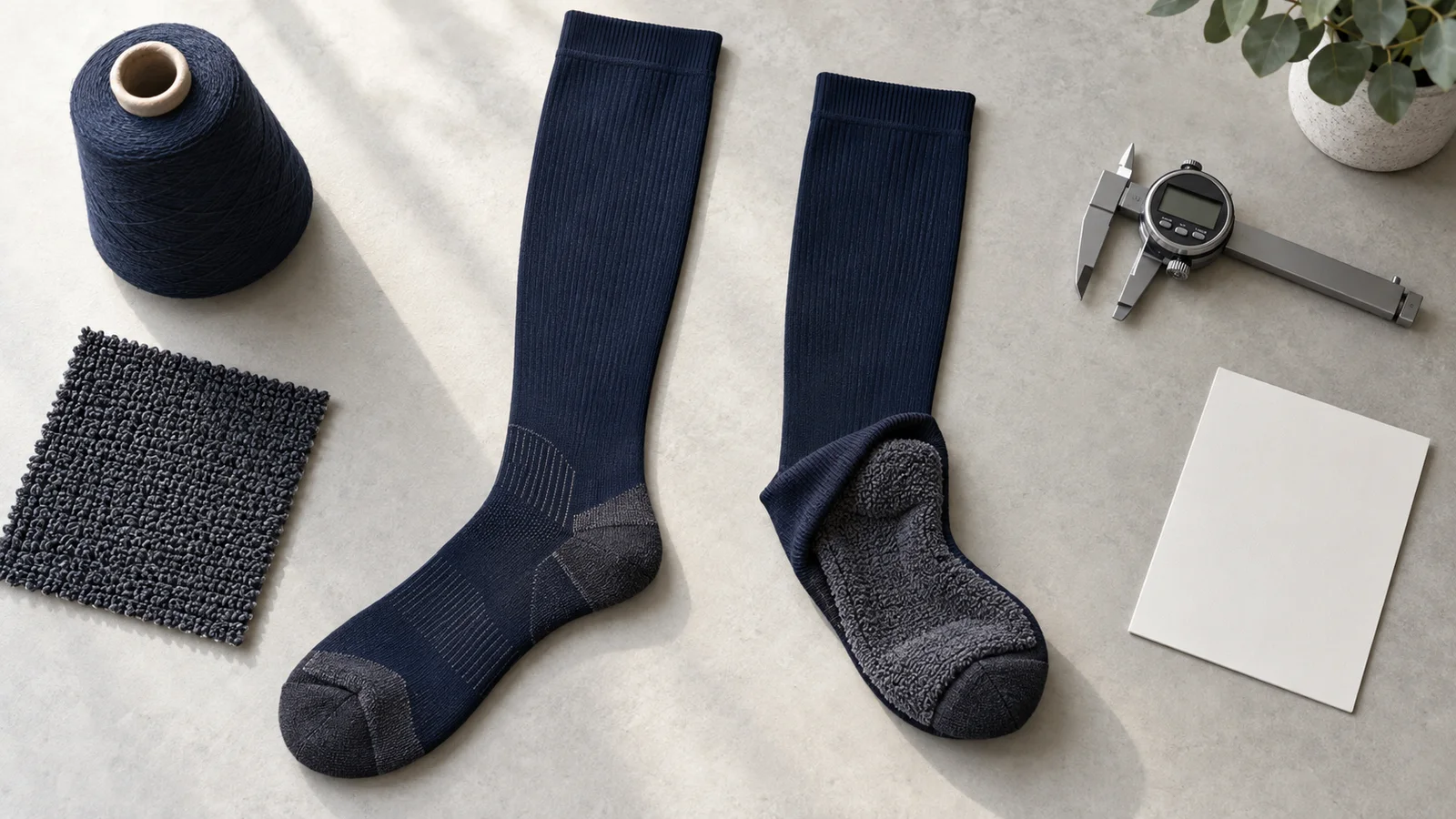 Navy compression socks showing dense gray terry loops inside the sole, with yarn, swatch and thickness gauge