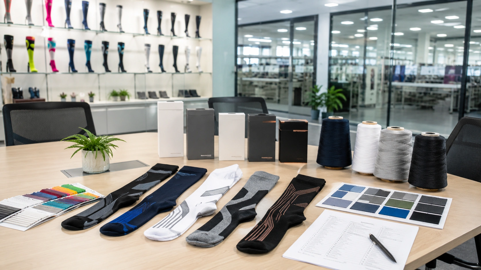 Wholesale compression socks, packaging, yarn, and color swatches